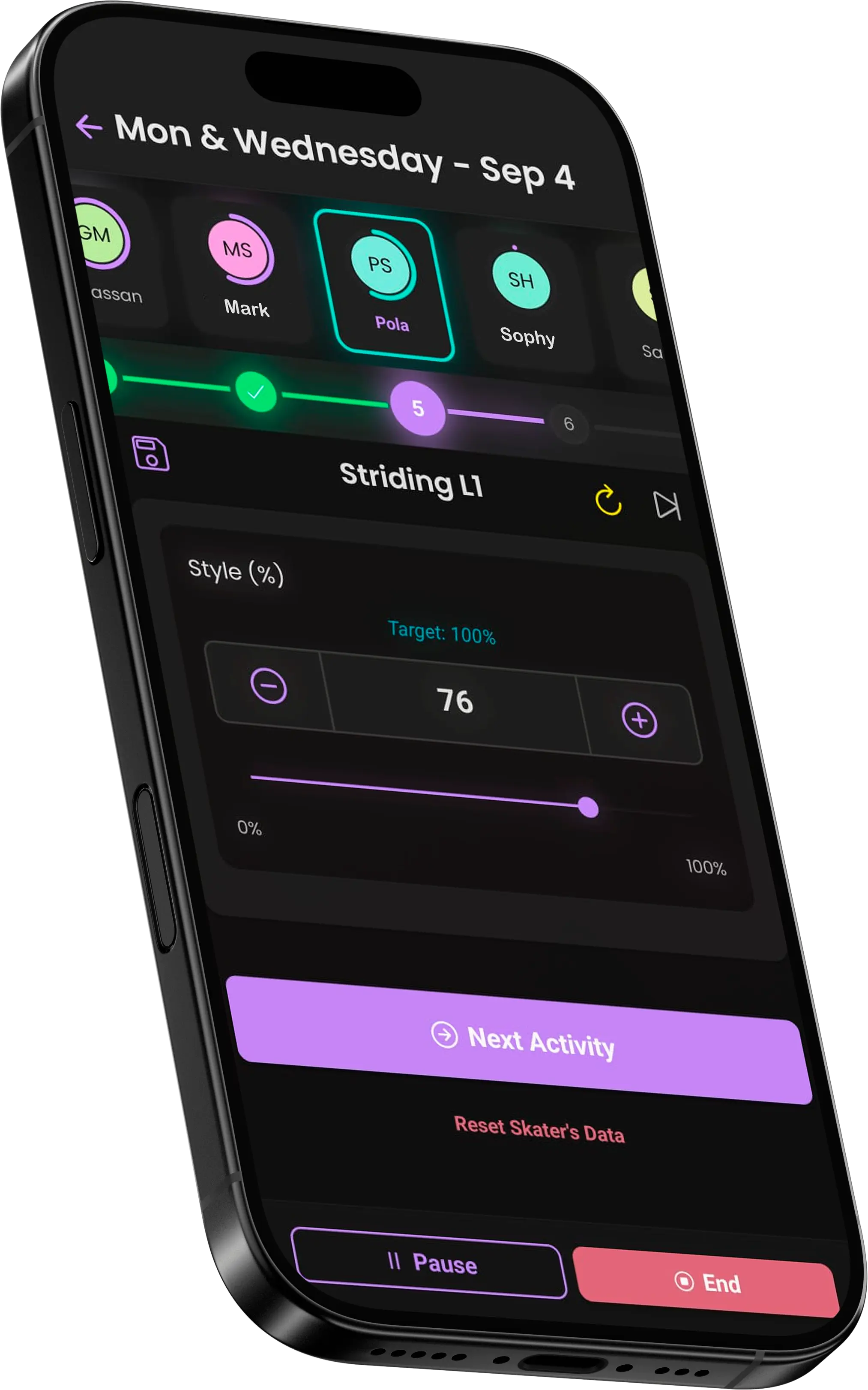 The live Evaluation Conductor in VitaQ, showing a list of athletes and their completion status for an on-field assessment.