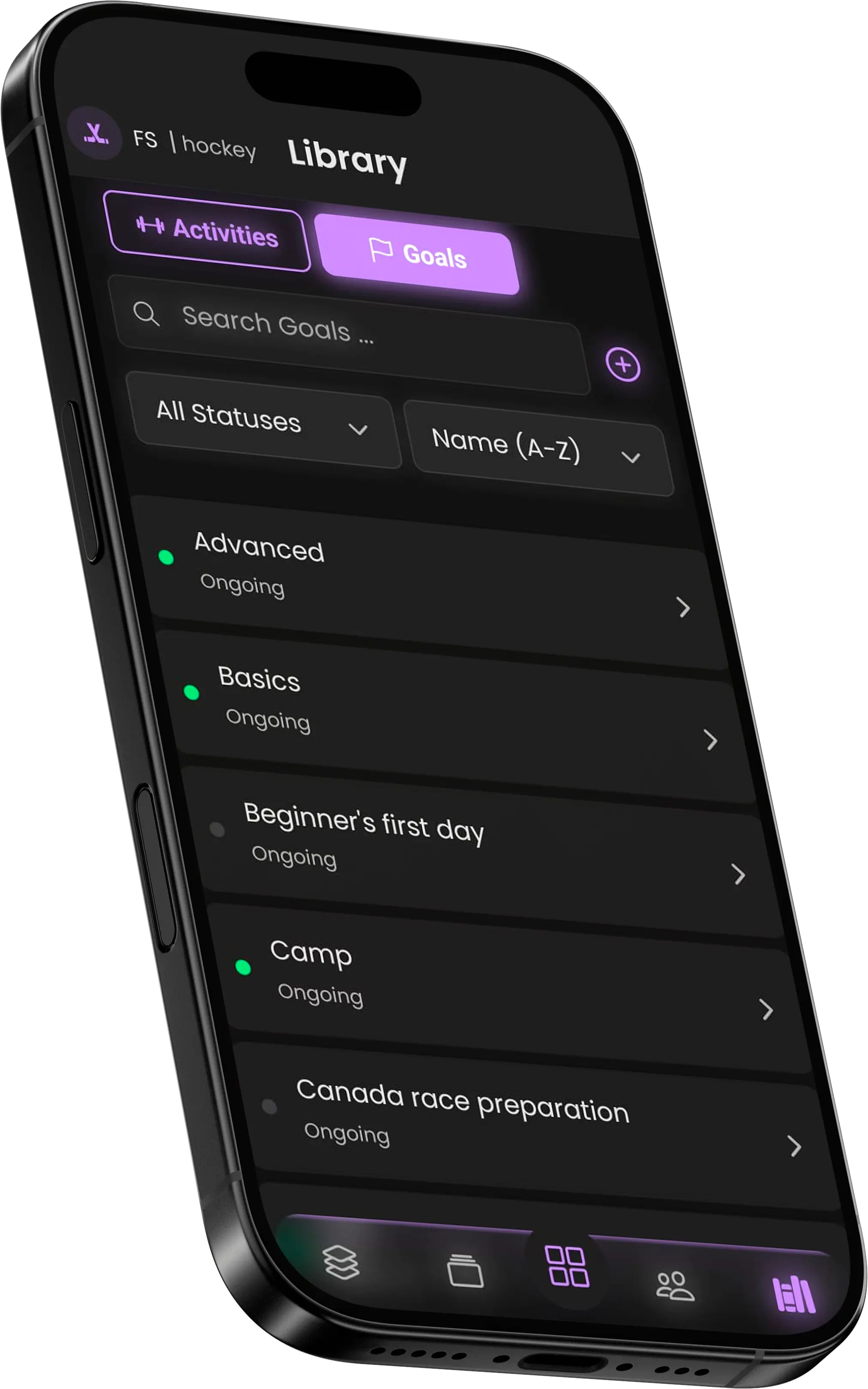 The VitaQ Content Library screen, displaying a searchable list of exercises like 'One-Foot Jump' and 'Parallel Turns'.